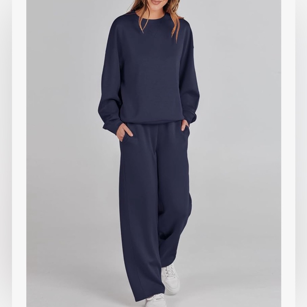NEW Caracilia 2 Piece Sweatsuit: Sweatshirt Wide Leg Pants Navy Blue XX-Large